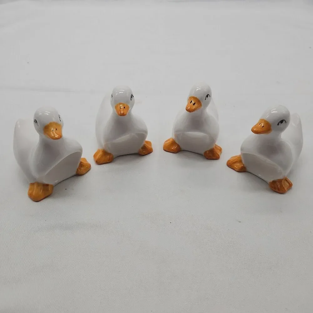 Lot of 4 Vintage Ceramic White Duck Goose Swan Napkin Ring Holders Easter Spring